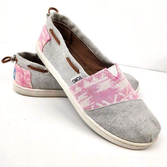 TOMS Pink Gray Chambray Bimini Loafers Shoes Geo Textile Girls Youth 4 - Picture 1 of 10